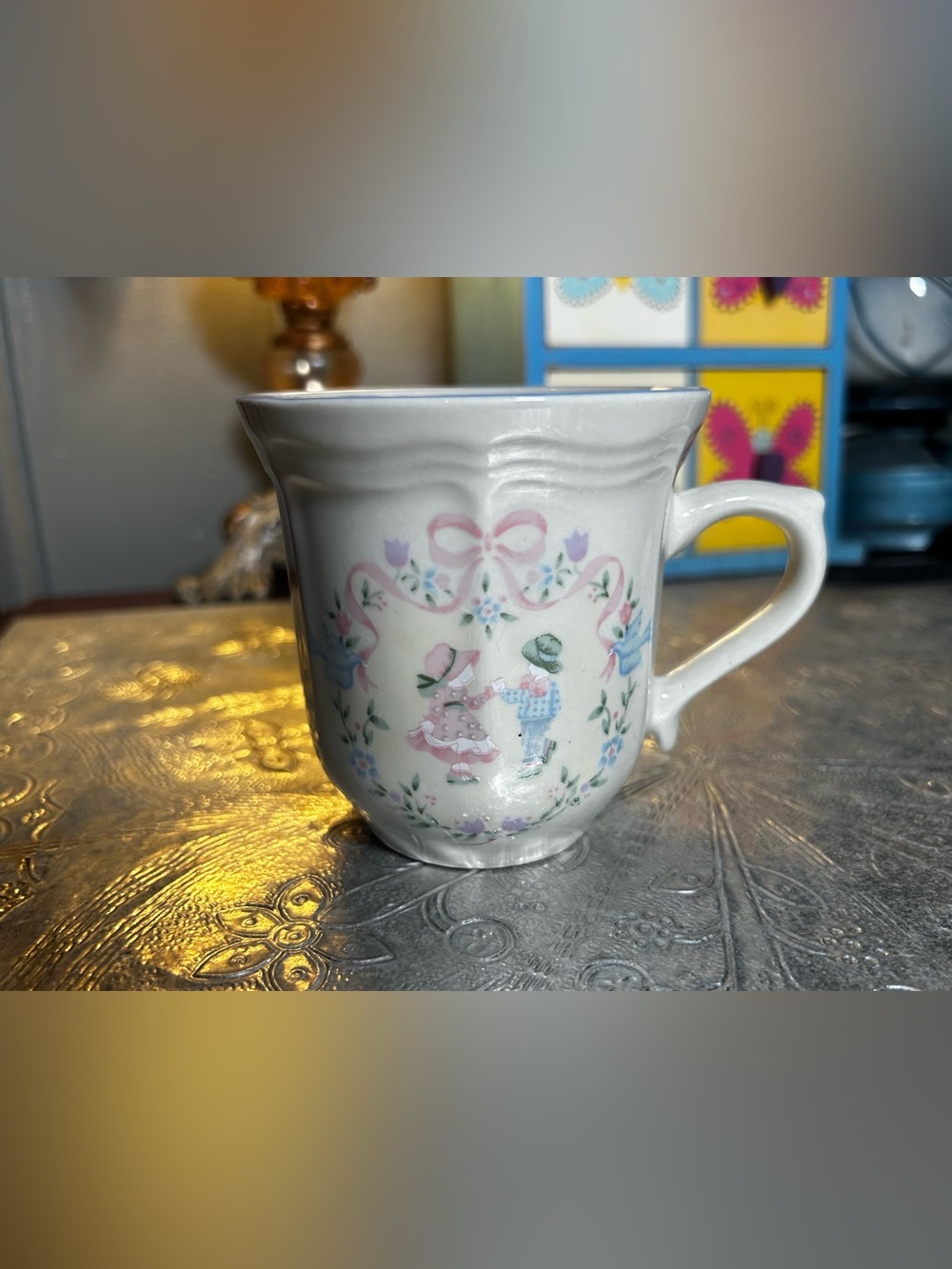 Vintage Tienshan Stoneware Coffee Tea Cup featuring "Memories" Design